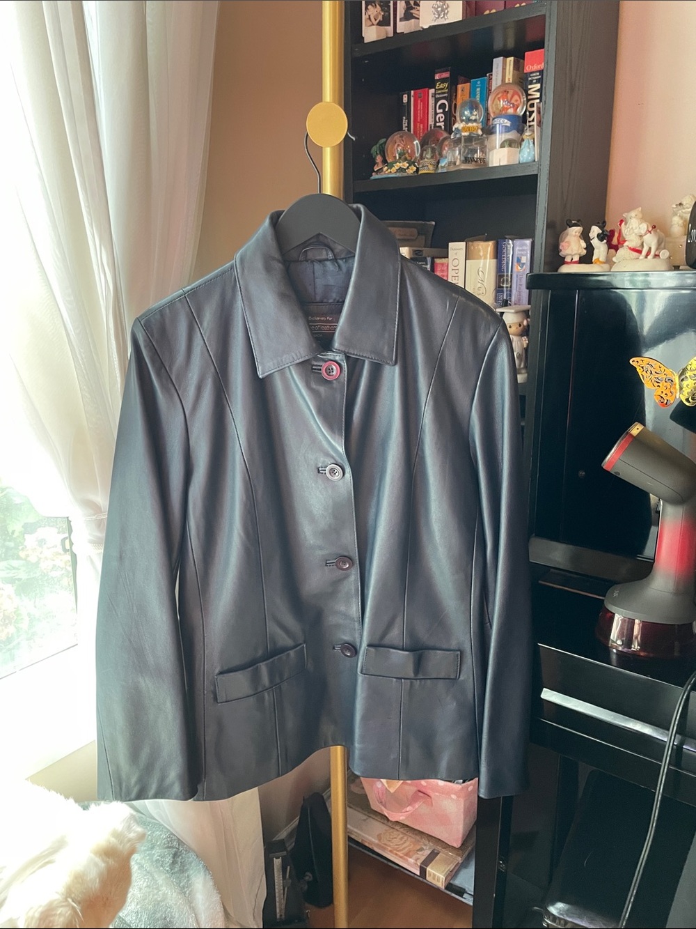 Women's Vintage Blue Leather Button-Front Jacket